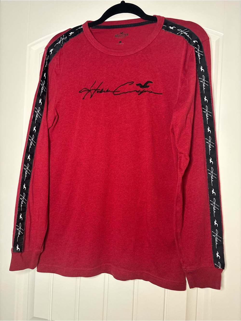 Hollister Red Long-Sleeve Crew with Black Logo Tape
